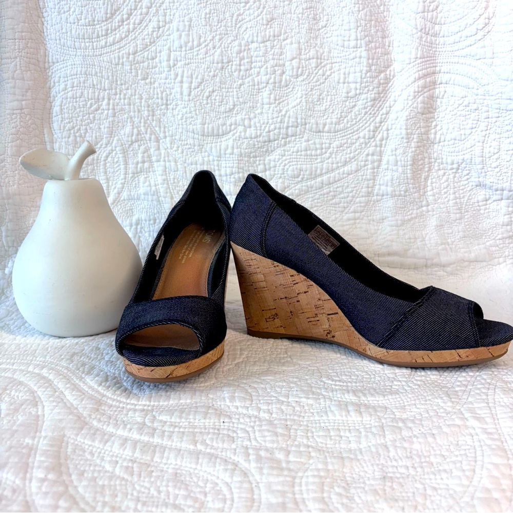 Toms Navy Blue Cork Wedge Espadrilles